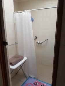 a bathroom with a shower with a toilet and a sink at Heavenly Farm B & B Tasmania in Boat Harbour