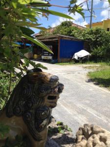 a statue of a butterfly on the side of a road at Okinawa Hostel Yanbaru Fukuro in Nago