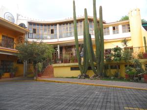 Un bâtiment avec un groupe de cactus devant lui dans l'établissement Hotel Plaza del Sol, à Malinalco