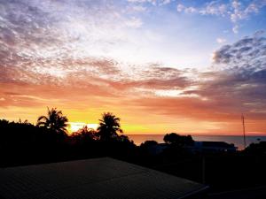 um pôr do sol com palmeiras em frente ao oceano em Nirvana Guesthouse & Hostel em Ko Tao