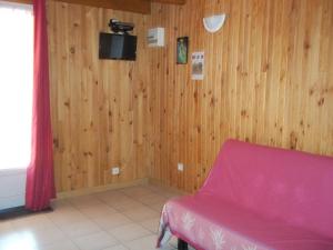 ビュイ・レ・バロニにあるChambre d'hôte Domaine de Bois joliのピンクのソファとテレビが備わる客室です。