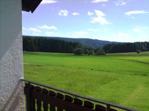 een veranda met uitzicht op een groot groen veld bij Ferienhof Höhenluft in Bischofsgrün