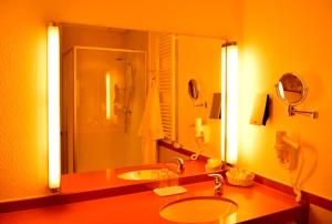 a bathroom with a sink and a large mirror at Vichter Landhaus in Stolberg