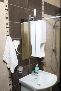 a bathroom with a sink and a mirror at Sinanis Family Apartments in Keramotí