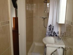 a small bathroom with a shower and a sink at Balham Lodge in London