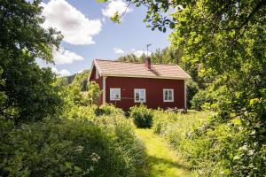 ein rotes Haus mitten auf einem Feld in der Unterkunft Anfasteröd Gårdsvik - Sjöstugan in Ljungskile