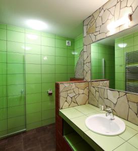 a green bathroom with a sink and a mirror at Hotel Vinopa in Hustopeče