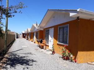 a row of houses with potted plants on a street at Cabañas Rupu Lafquén in Pichilemu