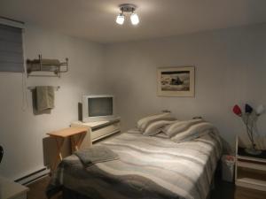 a bedroom with a bed and a television in it at Gite La Ptite Falaise hébergement touristique in Sainte-Anne-des-Monts