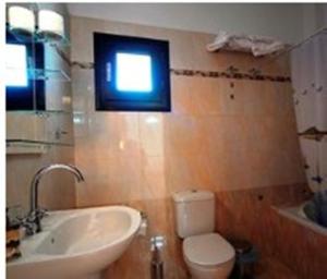 a bathroom with a sink and a toilet and a window at Fotini Apartments in Palekastron