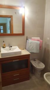 bagno con lavandino, servizi igienici e specchio di Caciris a Cáceres