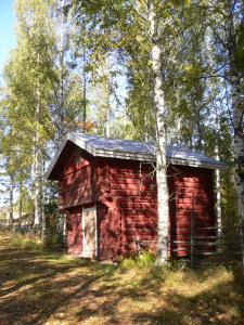 a red log cabin with a black roof in the woods at Vanha-Pälsilä lakeside farm in Kuhmoinen