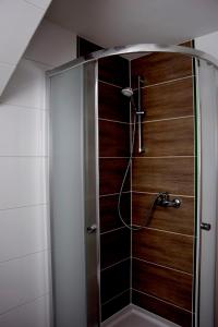 ゾンプにあるApartamenty u Klisiaのバスルーム(木製のドア付きのシャワー付)