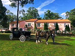 un carruaje tirado por caballos frente a una casa en Villa Provence, en Pokolbin