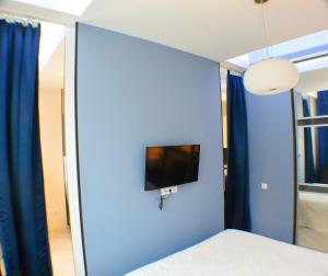 アドレルにあるApartments U moryaの青い壁のベッドルーム(テレビ付)