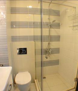 アドレルにあるApartments U moryaのバスルーム(ガラス張りのシャワー、トイレ付)