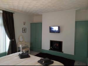 ein Schlafzimmer mit einem Kamin und einem TV an der Wand in der Unterkunft The Old Rectory in Amlwch