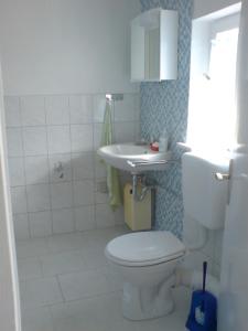 a bathroom with a toilet and a sink at Zur Kajüte in Butjadingen +5 photos