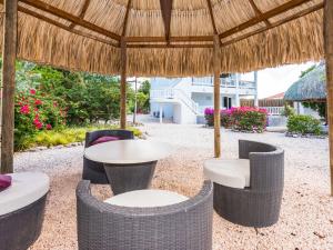 un patio con mesa y sillas bajo una sombrilla de paja en Gorgeous Villa in Rif St Marie with Private Pool, en Willibrordus