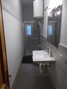 La salle de bains est pourvue d'un lavabo, d'un miroir et d'une douche. dans l'établissement Il Vecchio Cipresso, à San Gimignano