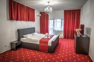 sypialnia z łóżkiem z kotem siedzącym na nim w obiekcie Hotel Elisabeta w Bukareszcie
