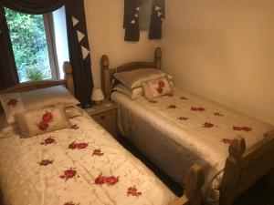 two beds in a bedroom with red flowers on them at Beautiful Wales in Barmouth