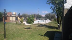 podwórko z basenem i drzewem w obiekcie Cabañas Terra Olivo w mieście Coquimbito