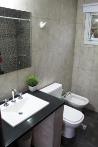 ein Badezimmer mit einem Waschbecken, einem WC und einem Spiegel in der Unterkunft Cabañas Paititi in Villa Carlos Paz