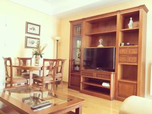 a living room with a television and a table at Gran Vía 55 in Madrid