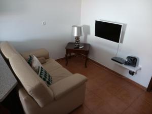 a living room with a couch and a television at Janelas da Praia in Praia da Vitória