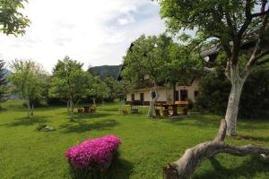 un patio con flores rosas y una casa en Apartments Arh en Bohinj