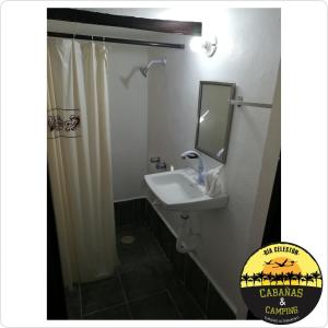 塞萊斯頓的住宿－Cabañas Camping Ria Celestun，浴室配有盥洗盆和带镜子的淋浴