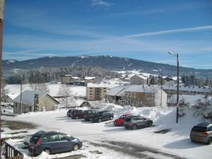 un grupo de autos estacionados en un estacionamiento cubierto de nieve en Les Cretets, en Les Rousses