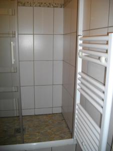 y baño con ducha y puerta de cristal. en Les Cretets, en Les Rousses