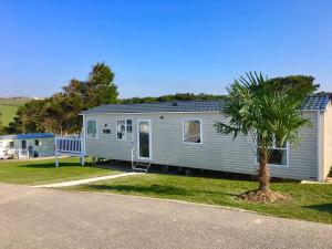a mobile home with a palm tree in the yard at Newquay Valley View in Newquay