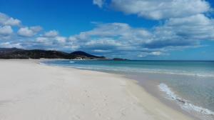 a sandy beach with the ocean and clouds in the sky at Chia Zeffiro in Chia