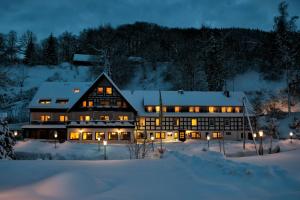 un grand bâtiment dans la neige la nuit dans l'établissement Tommes Gästehaus Zur Mühle, à Schmallenberg