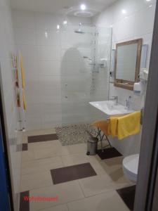 a bathroom with a shower and a toilet and a sink at Gasthof Panorama in Obsteig +80 photos