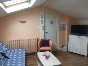 a living room with a couch and a table and a tv at Barnetche in Villefranque