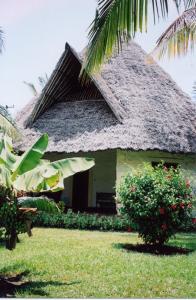 uma pequena casa com telhado de palha e algumas plantas em Les Datchi Cottages em Diani Beach