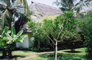 ein Haus mit Palmen davor in der Unterkunft Les Datchi Cottages in Diani Beach