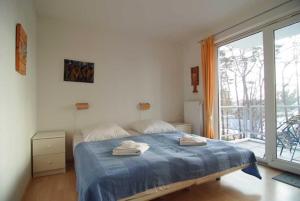 ein Schlafzimmer mit einem Bett und einem großen Fenster in der Unterkunft Villa Strandperle, Whg. 10 in Bansin