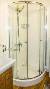 a shower with a glass door in a bathroom at Dom nad Wigrami in Bryzgiel