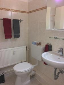 een badkamer met een wit toilet en een wastafel bij Ferienwohnung Jolle in Bremerhaven +16 foto's