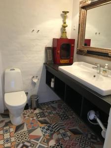 W łazience znajduje się umywalka, toaleta i lustro. w obiekcie Holstebro Sky Studio w mieście Holstebro