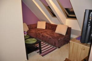 a living room with a brown couch and a tv at Apartamenty w Stegnie in Stegna +2 photos