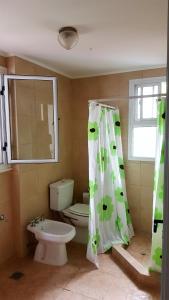 a bathroom with a toilet and a sink with a shower curtain at CH Lar Alojamiento in Mendoza