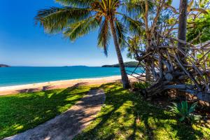 a beach with two palm trees and the ocean at Great Keppel Island Hideaway in Great Keppel
