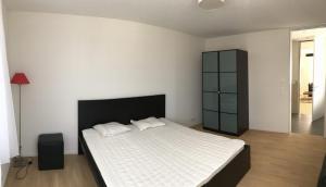 1 dormitorio con 1 cama grande y armario negro en Close to Zürich centre and Airport en Kloten