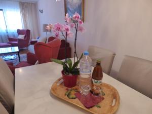 ein Tablett mit 2 Flaschen Wasser und Blumen auf dem Tisch in der Unterkunft Colibri Apartment in Baden-Baden